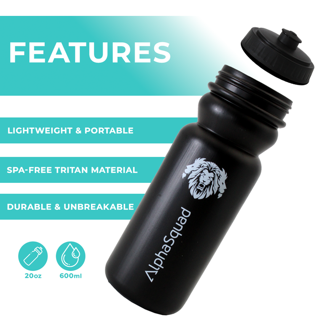 ALPHASQUAD Bike Water Bottle Black 20oz Bicycle MTB Road Mountain Bottle Squeeze 600ml BPA Free for Cycling, Running, Gym & Training