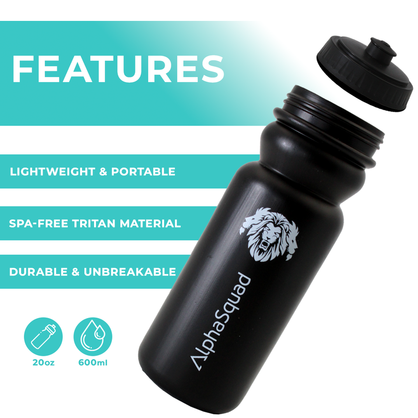 ALPHASQUAD Bike Water Bottle Black 20oz Bicycle MTB Road Mountain Bottle Squeeze 600ml BPA Free for Cycling, Running, Gym & Training