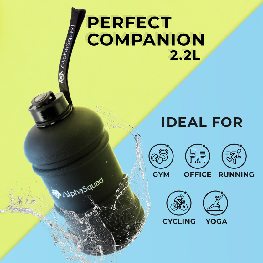 ALPHASQUAD 2.2L Half Gallon Sports Water Bottle with Handle, 74oz BPA Free Leak Proof Black Large Water Jug for Gym Yoga Camping Outdoor Travel