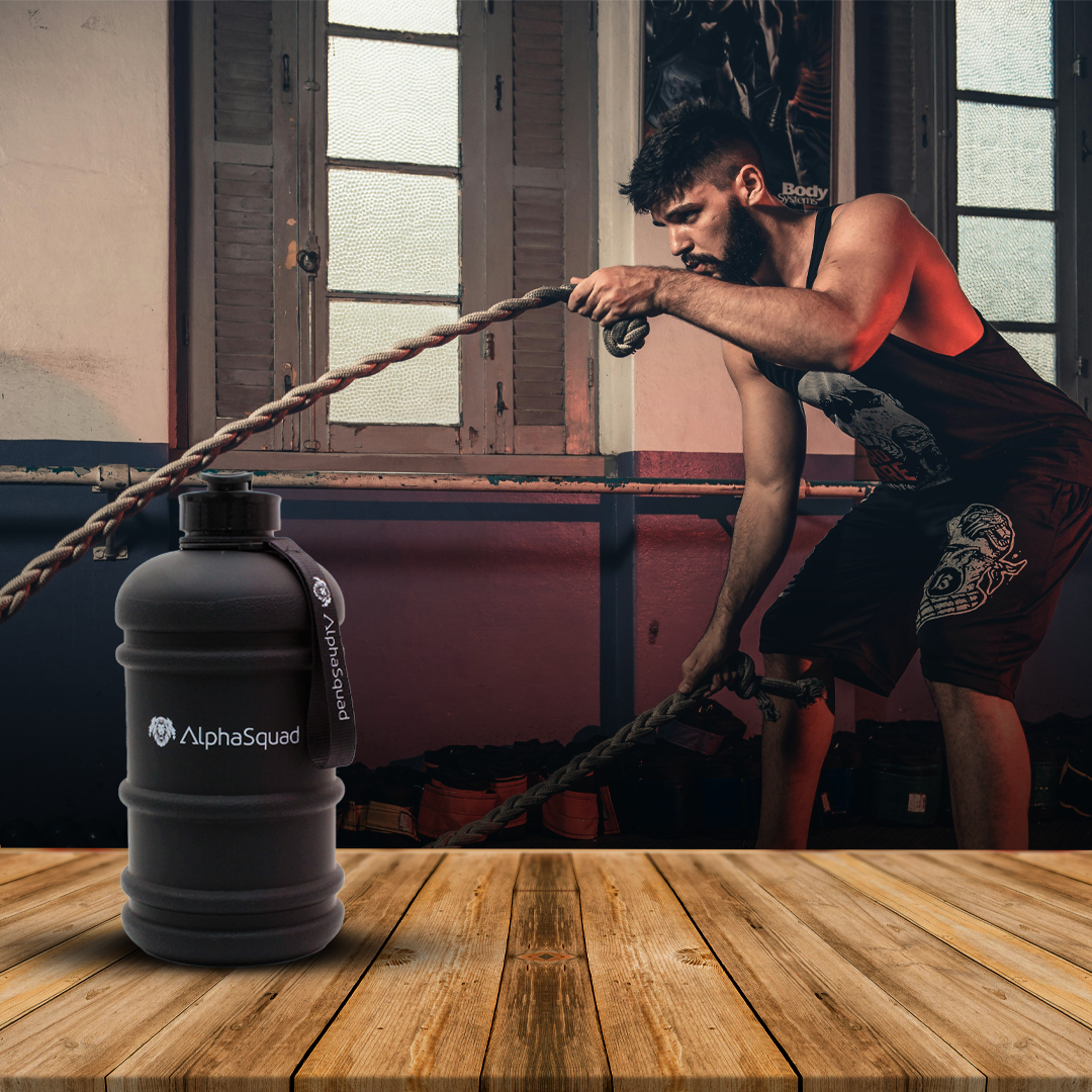 AlphaSquad 2.2L Half Gallon Sports Water Bottle with Handle, 74oz BPA Free Leak Proof Black Large Water Jug for Gym Yoga Camping Outdoor Travel