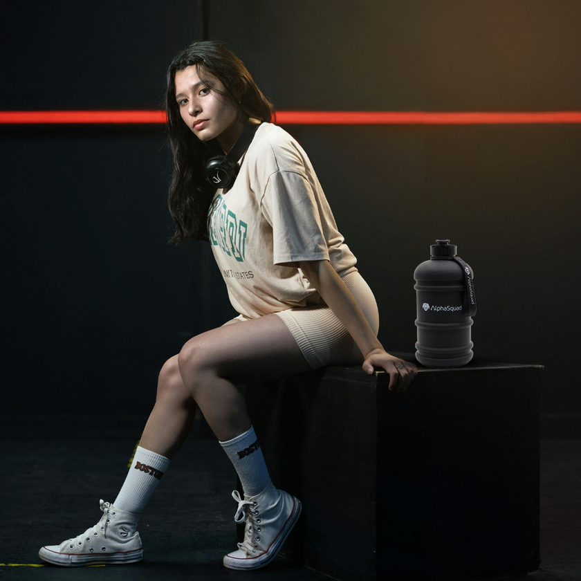 ALPHASQUAD 2.2L Half Gallon Sports Water Bottle with Handle, 74oz BPA Free Leak Proof Black Large Water Jug for Gym Yoga Camping Outdoor Travel